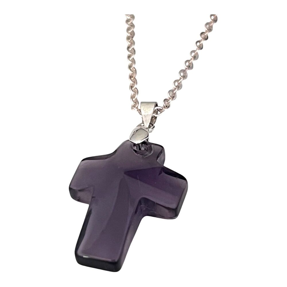 New Purple Glass Cross Pendant Necklace Purple Silver Tone - 8Y